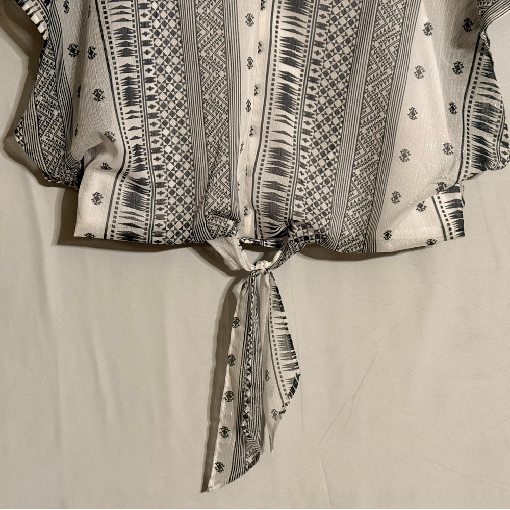Express White Geometric Patterned Tie-Front Blous… - image 4